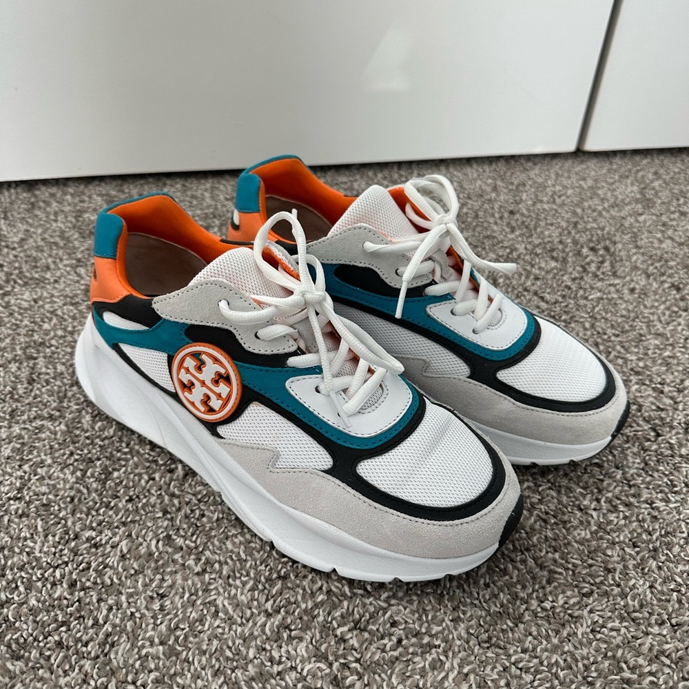 Tory Burch White Teal Orange Black Mixed-Material Sneakers